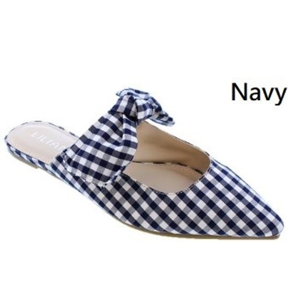 Navy Gingham Bow Tie Mules - Picture 2 of 4